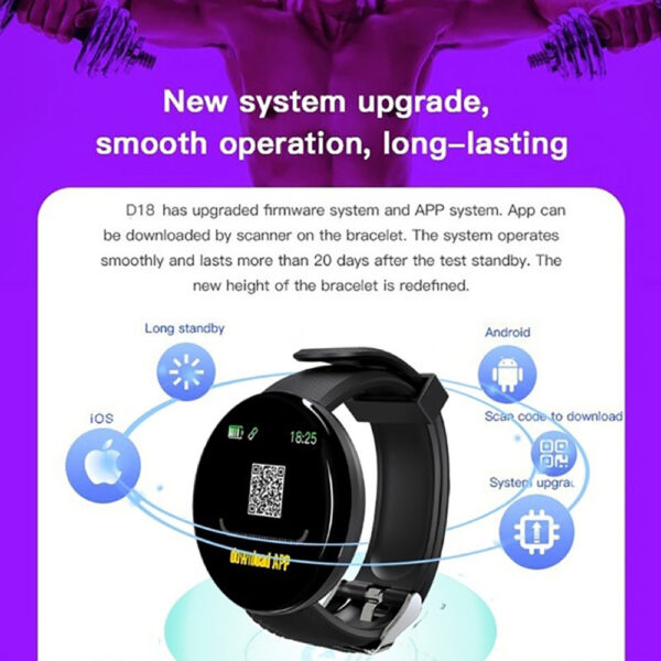 D18 Bluetooth Smart Watch, Men Women Blood Pressure Heart Rate Monitor Smart Watch, Pedometer Sport Tracker Smart Band For Android IOS - Image 5